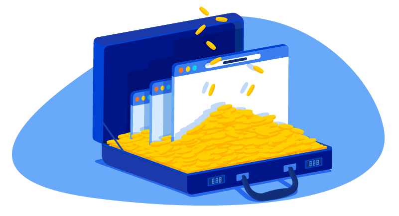 a briefcase filled with cryptocurrency 'coins' and websites