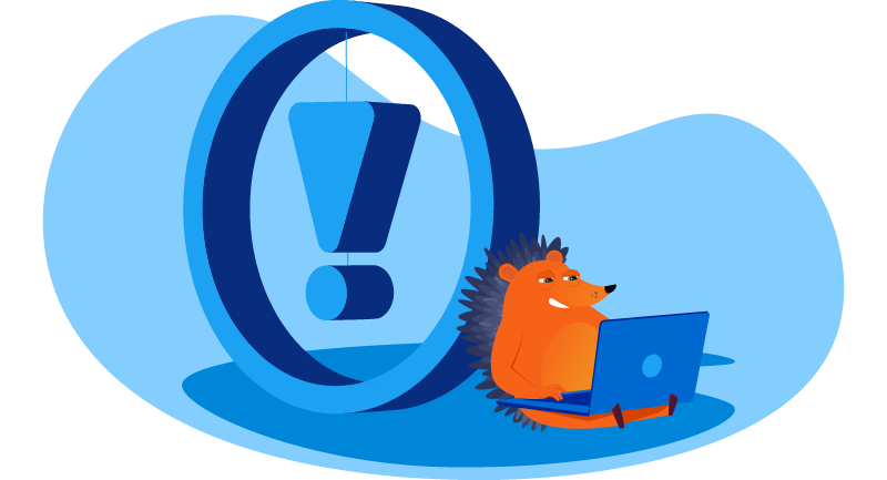 hedgehog working on laptop with big warning symbol