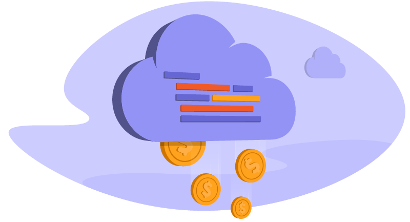 Illustration of coins falling out of a data cloud