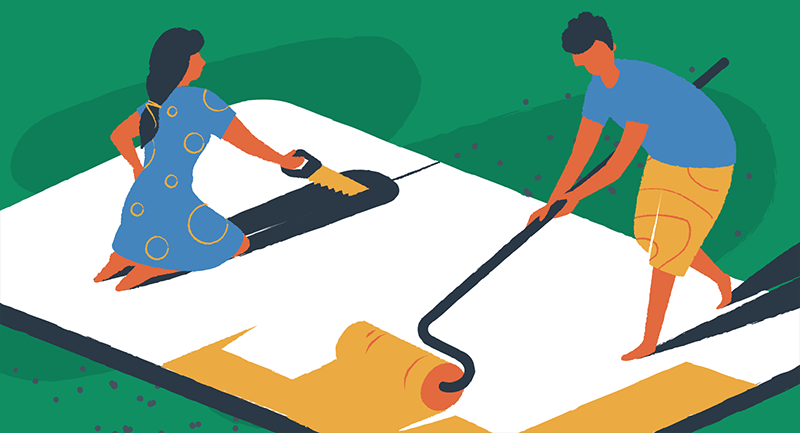 man and woman designing a website with a saw and paint
