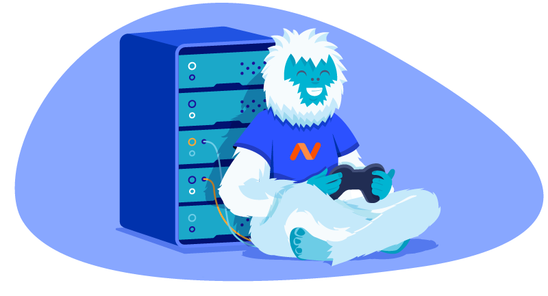 Yeti playing a video game in front of a gaming server