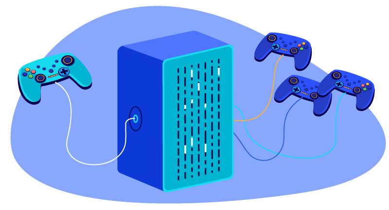 illustration of gaming controllers plugged into a gaming server
