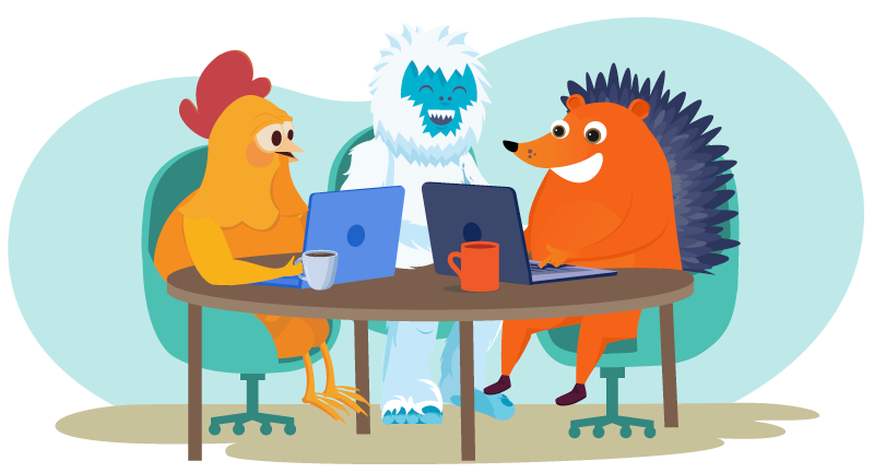 Hedgehog and chicken working with their yeti client