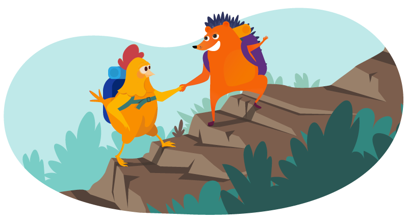 Hedgehog giving chicken a hand as they climb a mountain