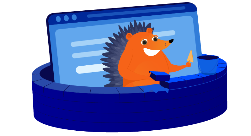 hedgehog building a brick wall around his laptop