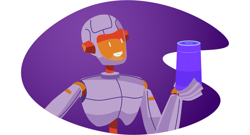 Robot inspecting smart speaker