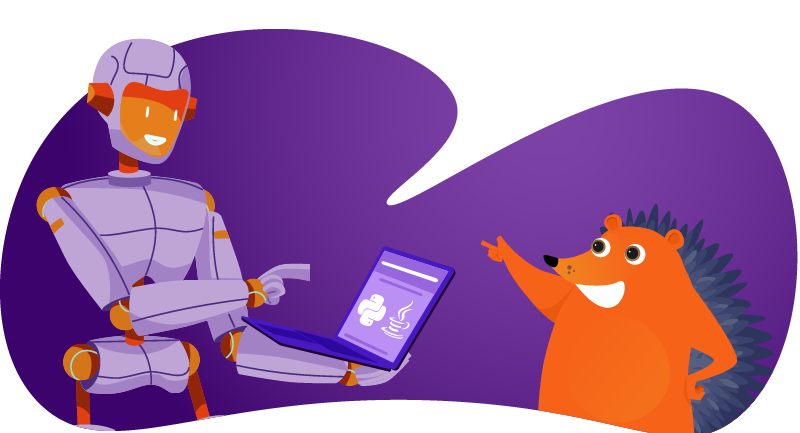 robot discussing programming with hedgehog