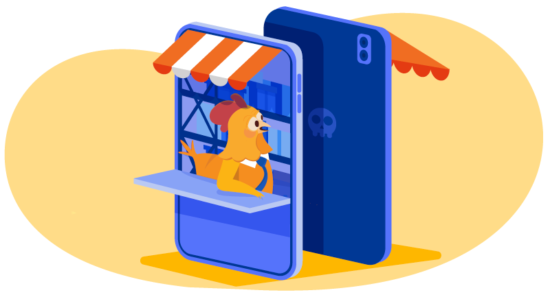 Chicken working in a store on a mobile phone