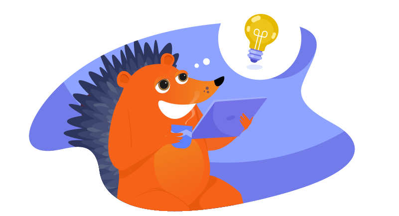 Hedgehog with an idea blub floating on the right