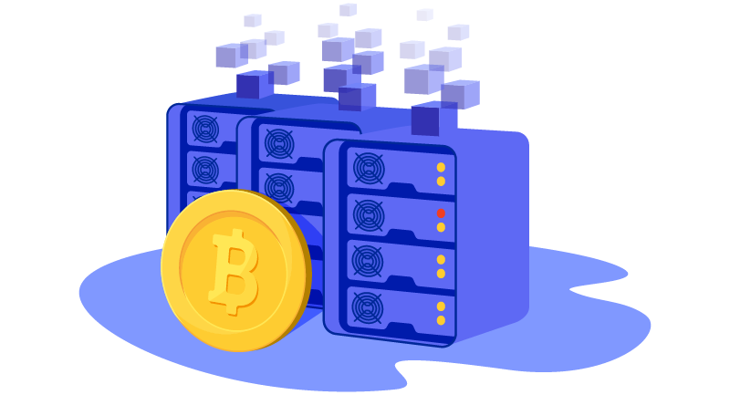 bitcoin symbol in front of computer servers