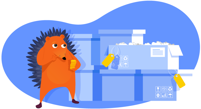 Hedgehog reviewing boxes of goods