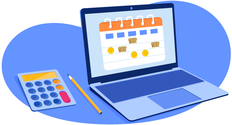 Laptop with calendar and a calculator