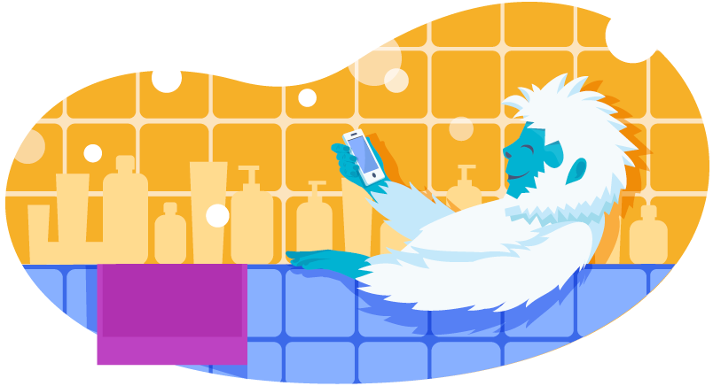 Yeti working on phone while in the bath