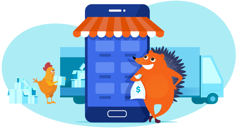 Hedgehog in front of a mobile phone e-commerce store