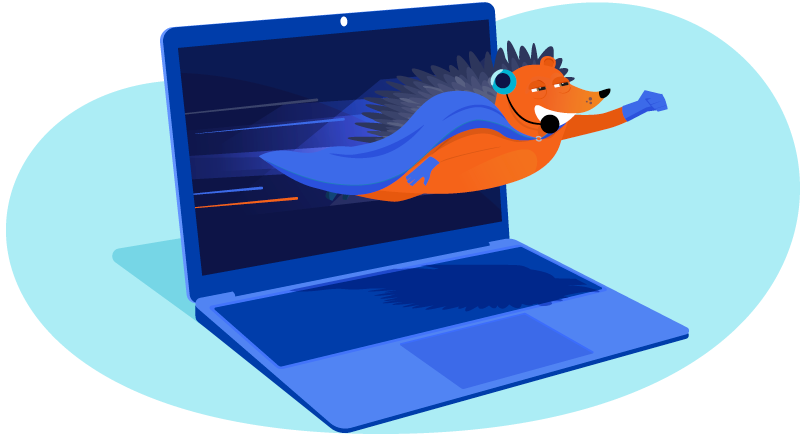 Hedgehog flying out of laptop like a superhero to illustrate being a VA