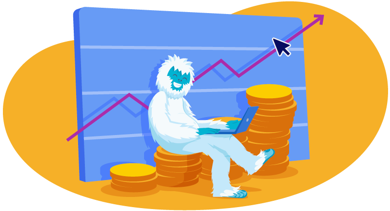 Yeti working on laptop and sitting on a pile of coins
