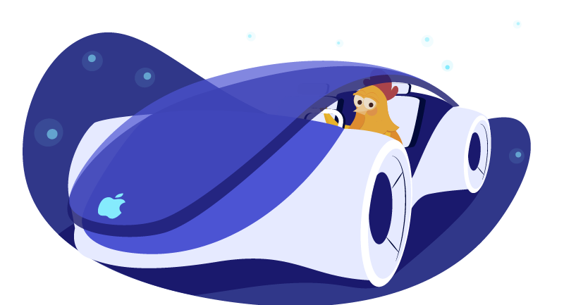 Chicken driving an Apple car