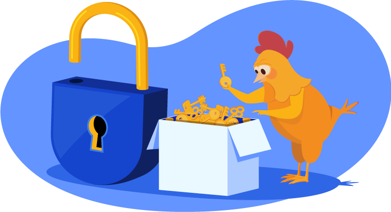 chicken trying to find the right key for a lock