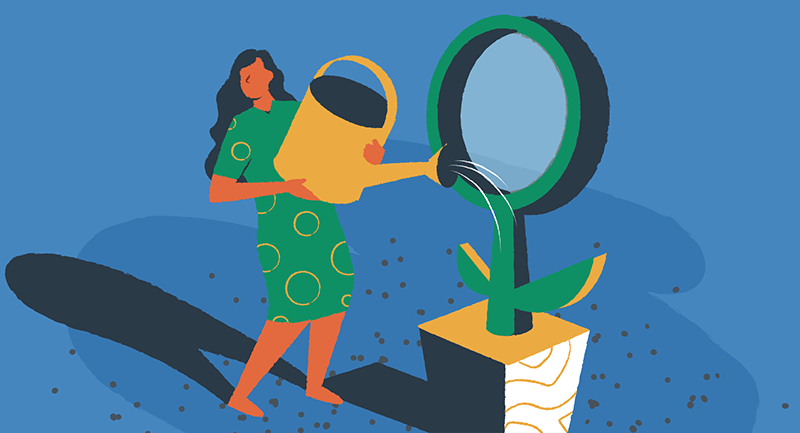 Woman watering a plant growing a magnifying glass