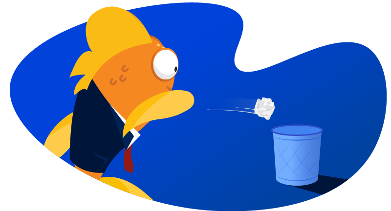 Goldfish tossing paper into wastebasket