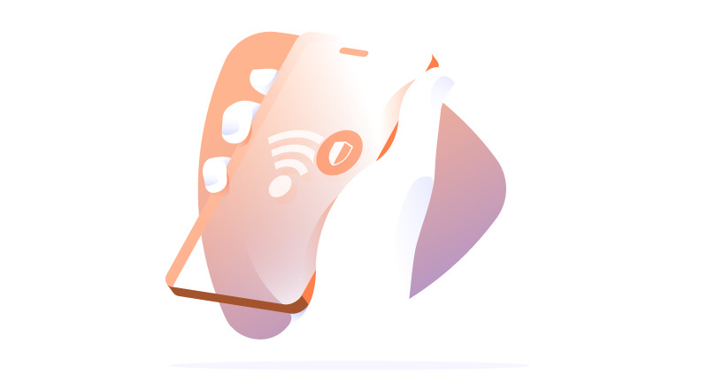 Hand with mobile phone protected by VPN