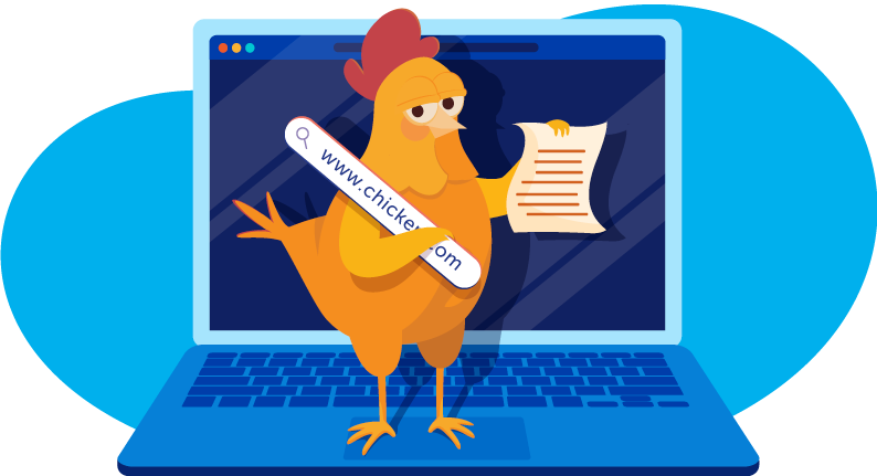 chicken holding a document and a domain