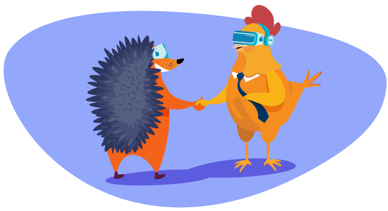 Hedgehog and chicken greet each other with VR glasses