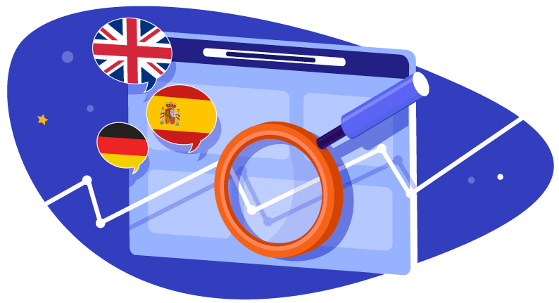 magnifying glass inspecting SEO rankings for international site