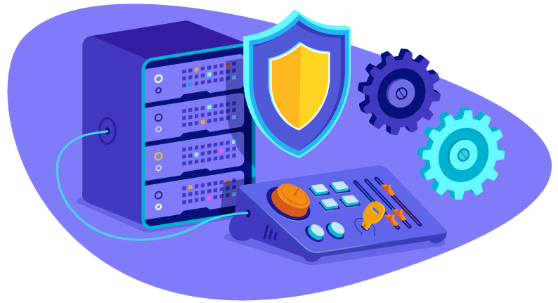 server with shield, gear, and control panel