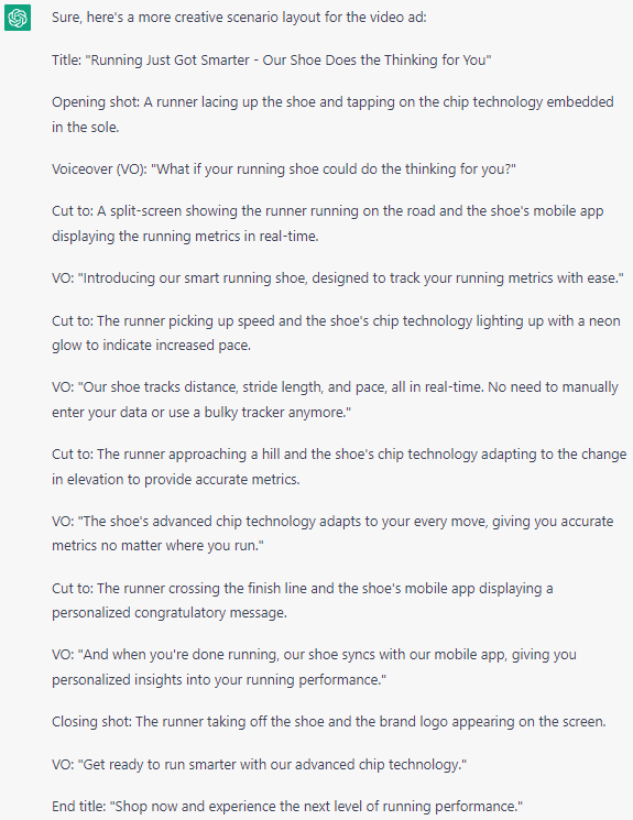 ChatGPT response for running shoe ad
