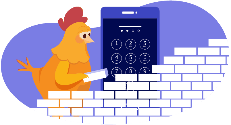 Chicken building brick wall to protect her device