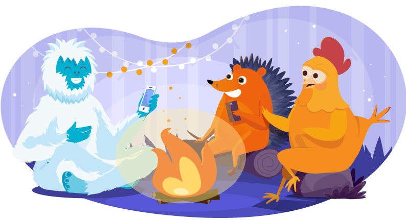 Chicken, hedgehog, and yeti sitting around a campfire telling stories of their digital nomadic lives
