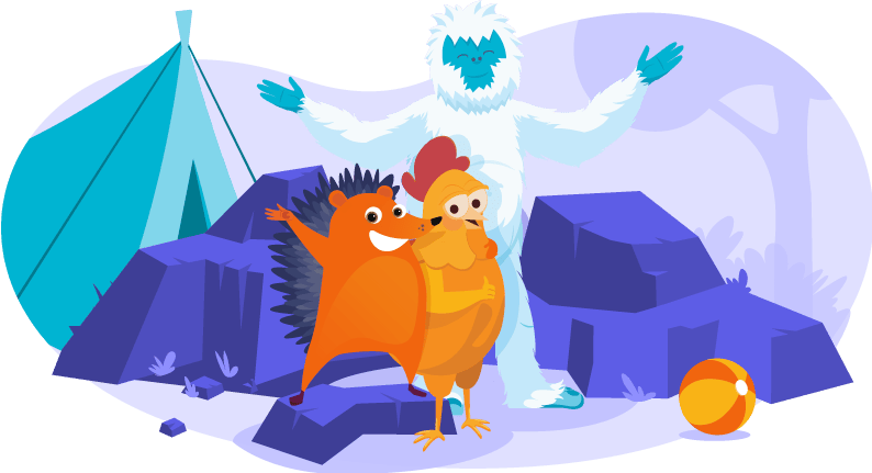Chicken, hedgehog and yeti working remotely