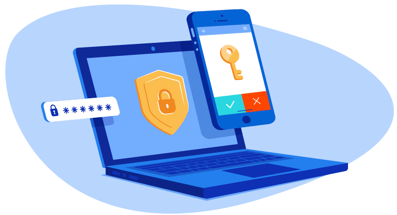 Laptop and mobile phone with lock and key to illustrate multifactor authentication