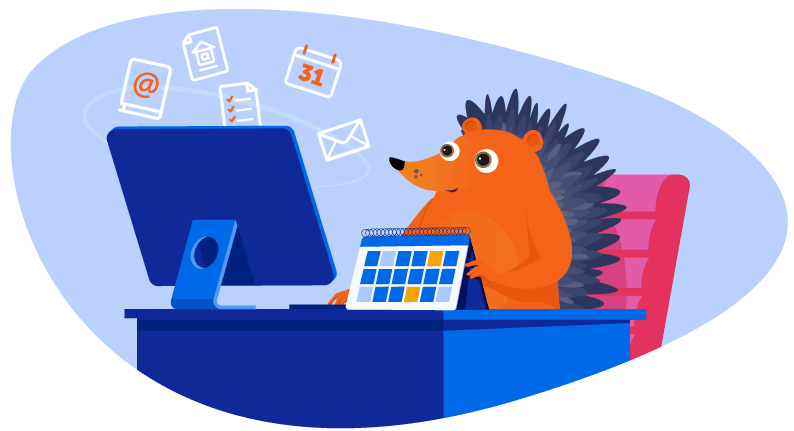 Hedgehog researching venues and reviewing calendar