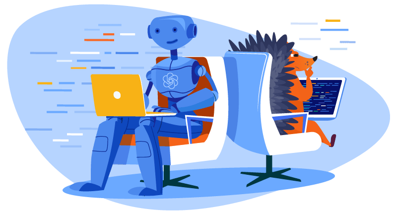 Robot working on laptop with hedgehog sitting behind