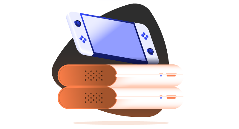 Handheld video game console on top of hard drives