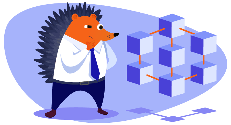 Hedgehog inspecting an illustration of the blockchain