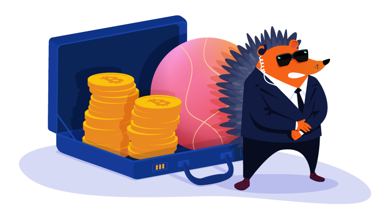 Hedgehog security guard in front of a pile of cryptocurrency