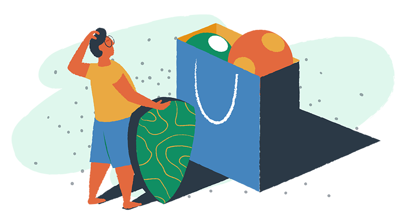 Person reviewing shopping with a shield