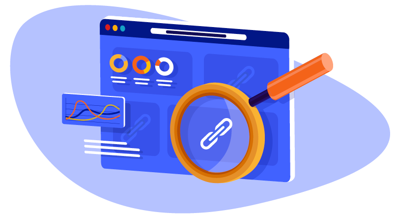 An orange magnifying glass looks for malicious links attacks on a website dashboard.