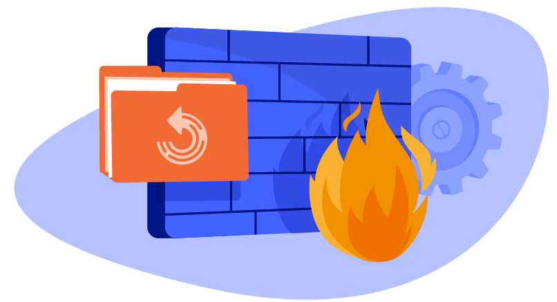 A flame and a fire folder in front of a blue brick wall.