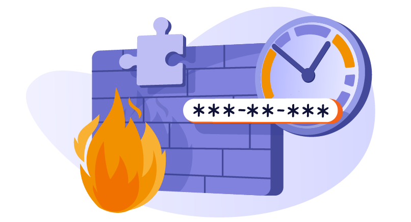 graphic illustrating firewall, puzzle, passwordm and clock