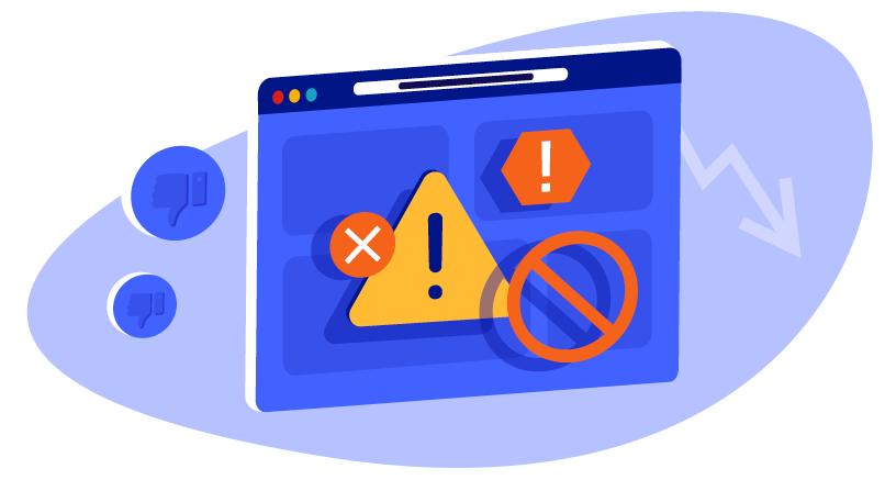 Several orange and yellow warning symbols on a blue website.