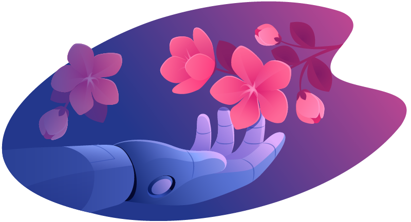 robot hand touching flowers