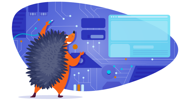 Hedgehog working on a computer on a spaceship