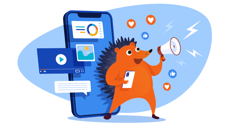 Hedgehog telling his NGO's story through a megaphone