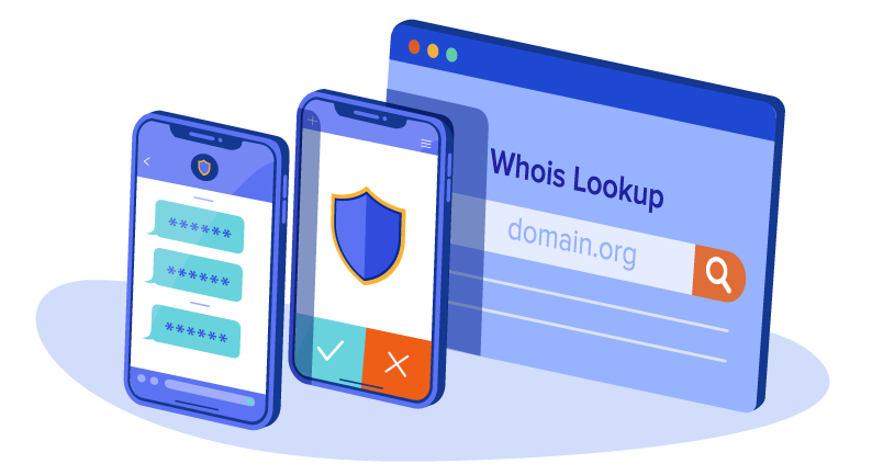 Illustration of mobile and website screens showing how to register and protect a domain