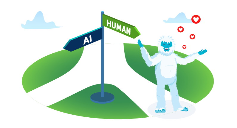 Yeti at a crossroads trying to decide whether to follow the human or AI path