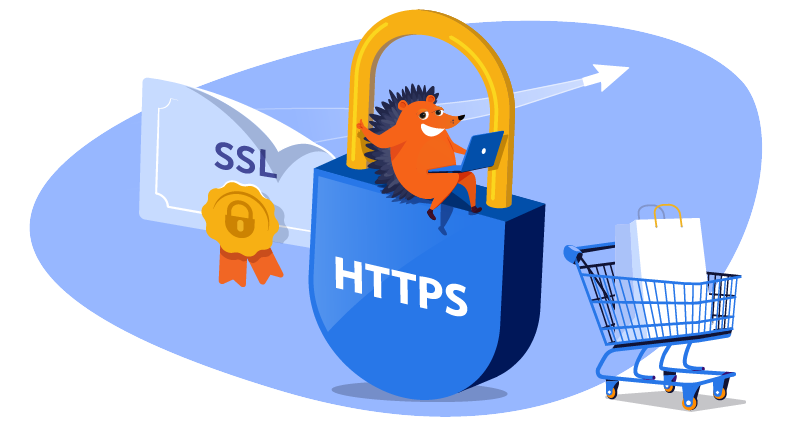 Hedgehog working on an oversized padlock with HTTPs on it